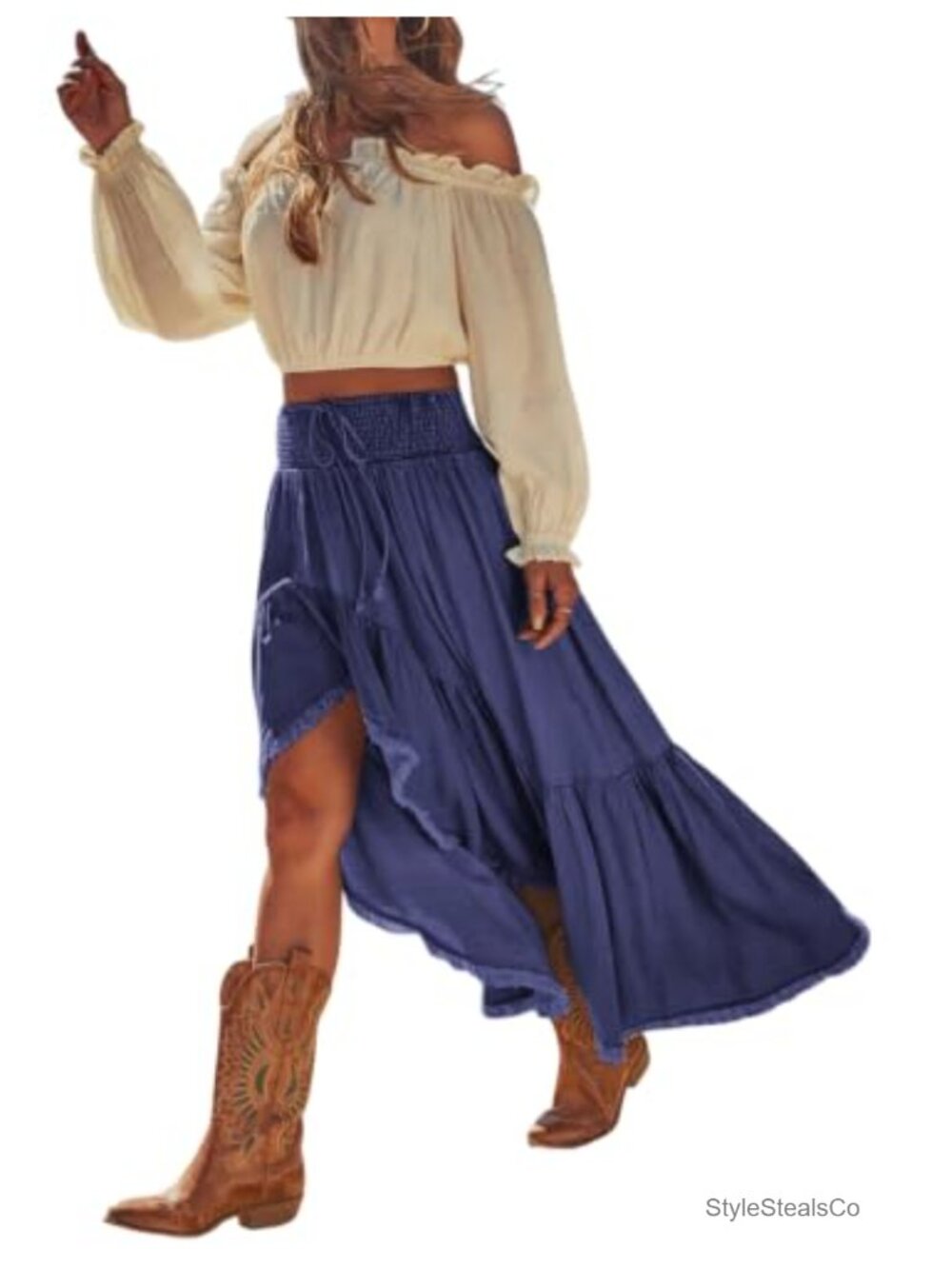 Tencel Denim Maxi Skirt Asymmetrical Ruffle High Low Western Boho